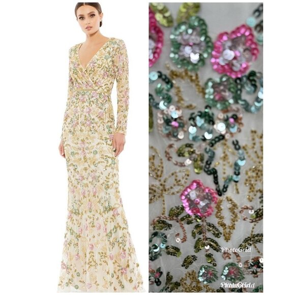 Mac Duggal 5503 Long Sleeves Embellished Floral Sequins Evening Gown Maxi Sz. 12 - Picture 1 of 9